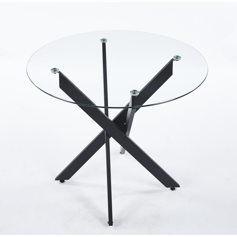 Modern Black Dining Table With Cross Metal Legs And Smooth Glass Surface, 35.98 In Width, Adjustable For Different Rooms, Stable Tempered - Leg Table, Spaces, 29.72 High, Low After Sales