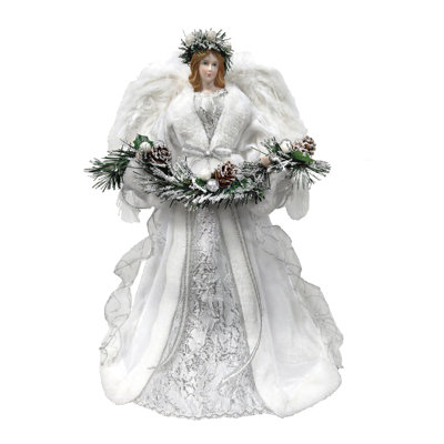 Season's Designs 16in White Angel Tree Topper with Garland Christmas Decoration