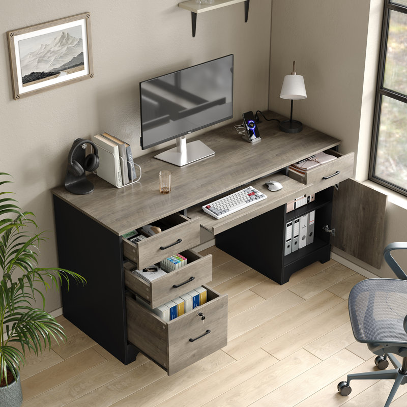59” Industrial Executive Desk with Outlet,Computer Desk Office Desk with Keyboard Tray and Locked Drawer&Large Storage Cabinet for Home Office