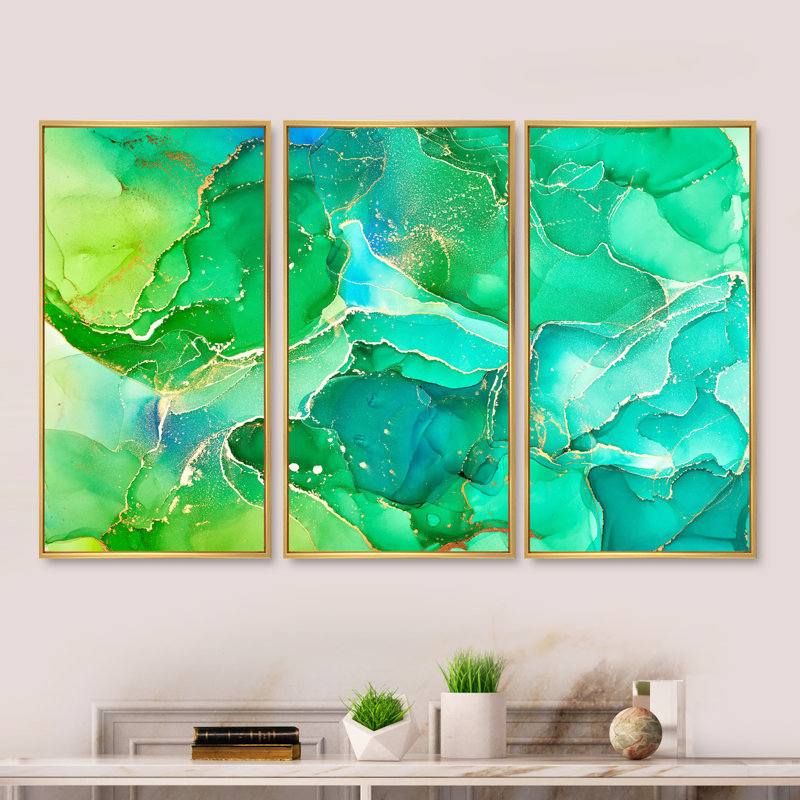 Art liquide vert et bleu - impression sur toile flottante 3 pièces, H 32 po x l 48 po x P 1 po, Cadre doré