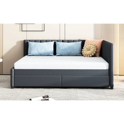 Lit de jour rembourré gris avec 2 tiroirs de rangement. Structure de lit sans sommier pour un environnement de sommeil confortable gris avec options, sans sommier. Salon moderne