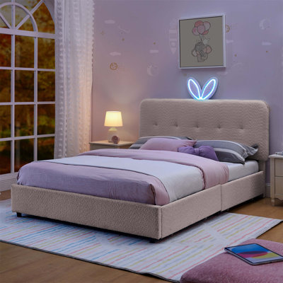 Lit tapissier pour enfants avec tête de lit pour oreilles de lapin, lumière DEL et 4 tiroirs de rangement, tissu souple Boucle