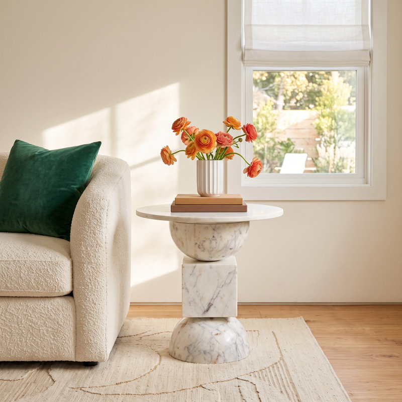 Zed Genuine Marble Pedestal End Table, Polished White