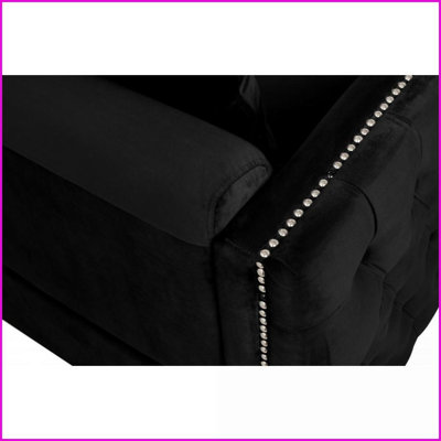 73” 3-Person Black Velvet Sofa with 3 Pillows – Light Luxury Handmade Tufted | Black | Velvet | Metal