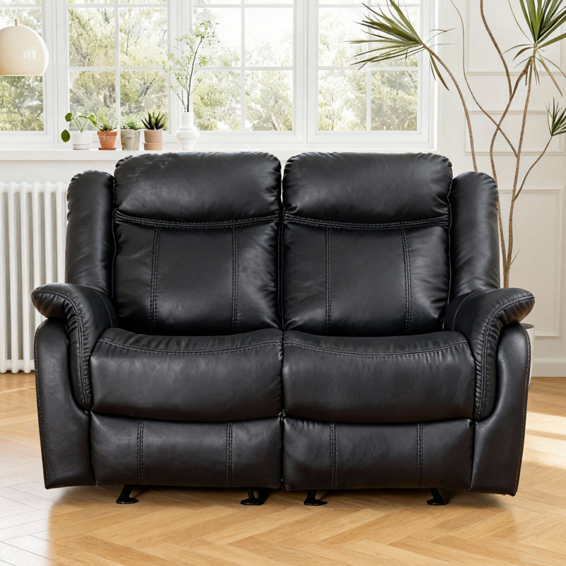 56.69"Manual Reclining Loveseat, Faux Leather, Compact Sofa For Living Room & Home Theater, Black