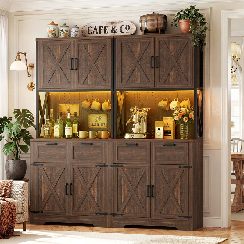 Armoire de cuisine de 71 po de hauteur avec comptoir pour micro-ondes, station de charge et lumières DEL, Brun / Noir
