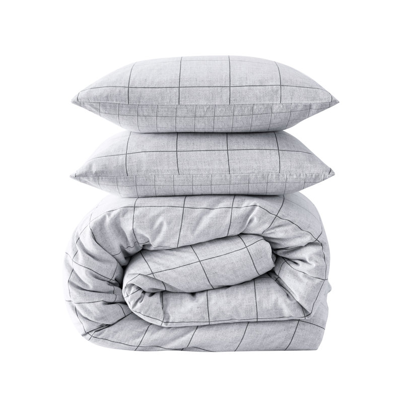 Kenneth Cole Holden Grid Cotton Grey Duvet Cover Set, King Duvet Cover + 2 Shams