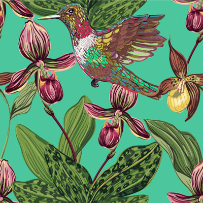 Hummingbird On Flowers Wallpaper Floral Tile