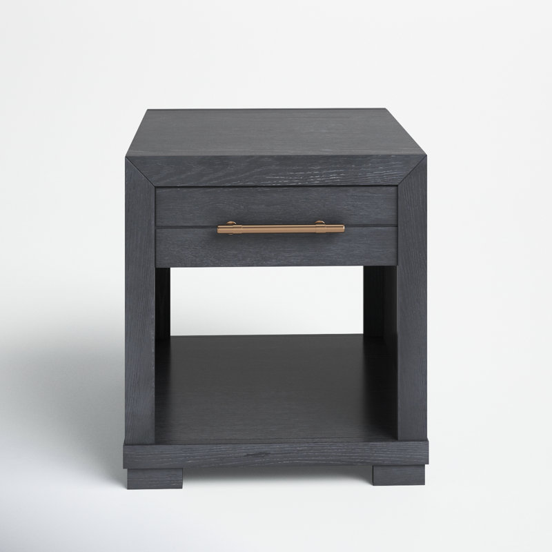 Charred Oak Rectangular End Table with Storage and Pewter Bar Pull