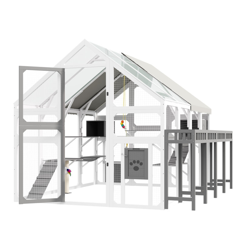 Grande maison pour chat d'extérieur avec support à fleurs - Enceinte de rangement pour chats multiples, cage en bois à plusieurs niveaux avec toit imperméable et plateformes d'escalade