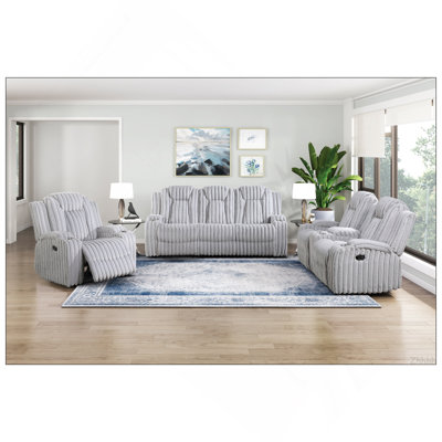 Ensemble de canapé inclinable gris clair ultra confortable 3 pièces avec causeuse et porte-gobelet