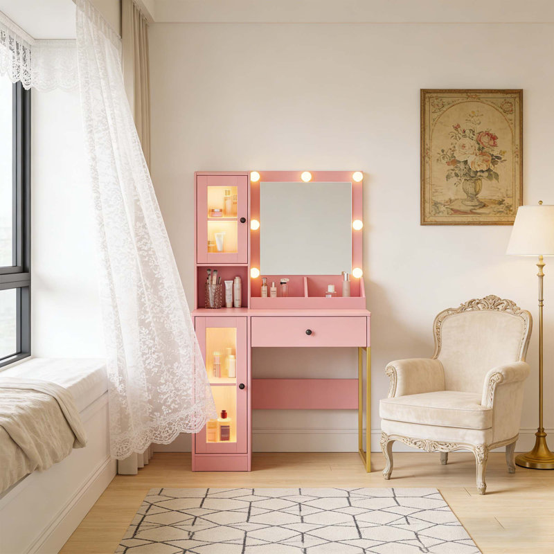 Bureau de maquillage avec lumières et miroir, Rose