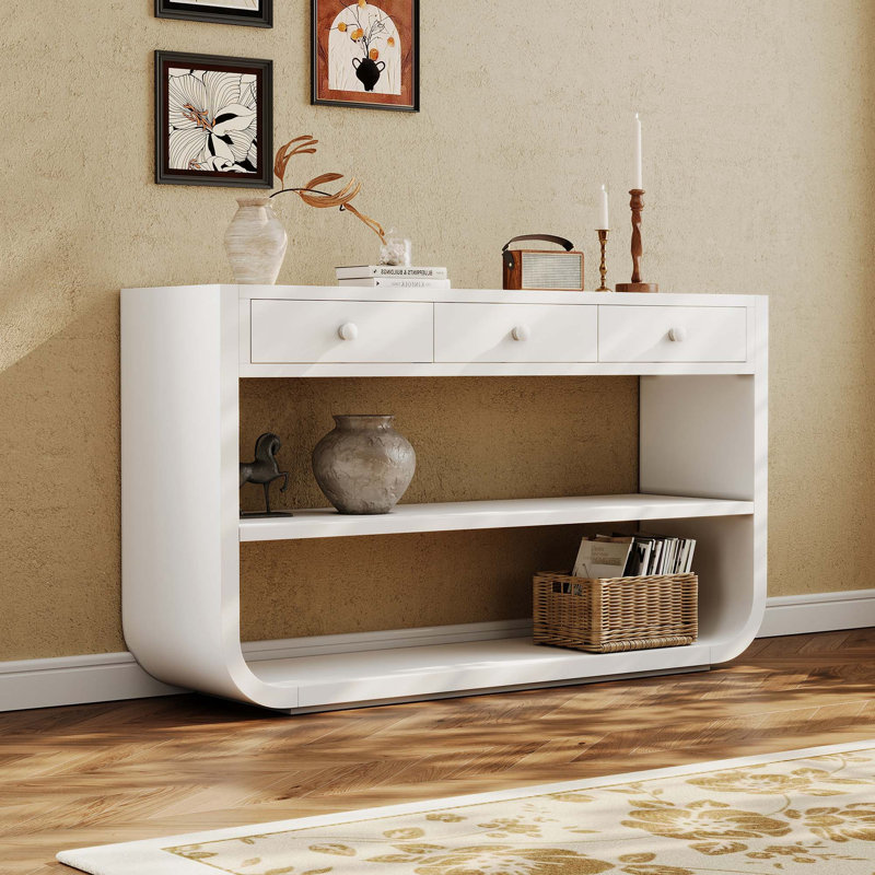 Élégante console incurvée avec tiroirs à fermeture en douceur et beaucoup de rangement, Blanc