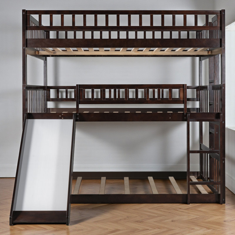 Full-Over-Full-Over-Full Triple Bunk Bed, Wood, Built-In Ladder & Slide, Contemporary, Kids & Teens Room, Espresso