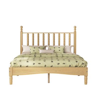 Full Size Wood Platform Bed with Gourd Shaped Headboard,Retro Style Platform Bed with Wooden Slat Support,Natural