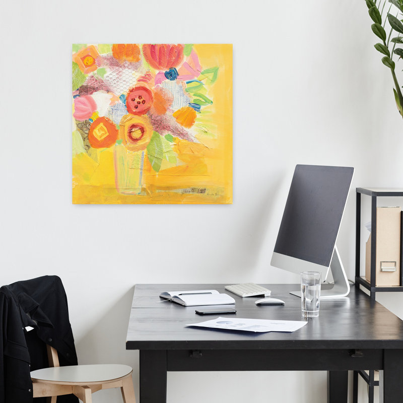 Art contemporain contemporain avec un bouquet de fleurs jaunes, H 18 po x l 18 po