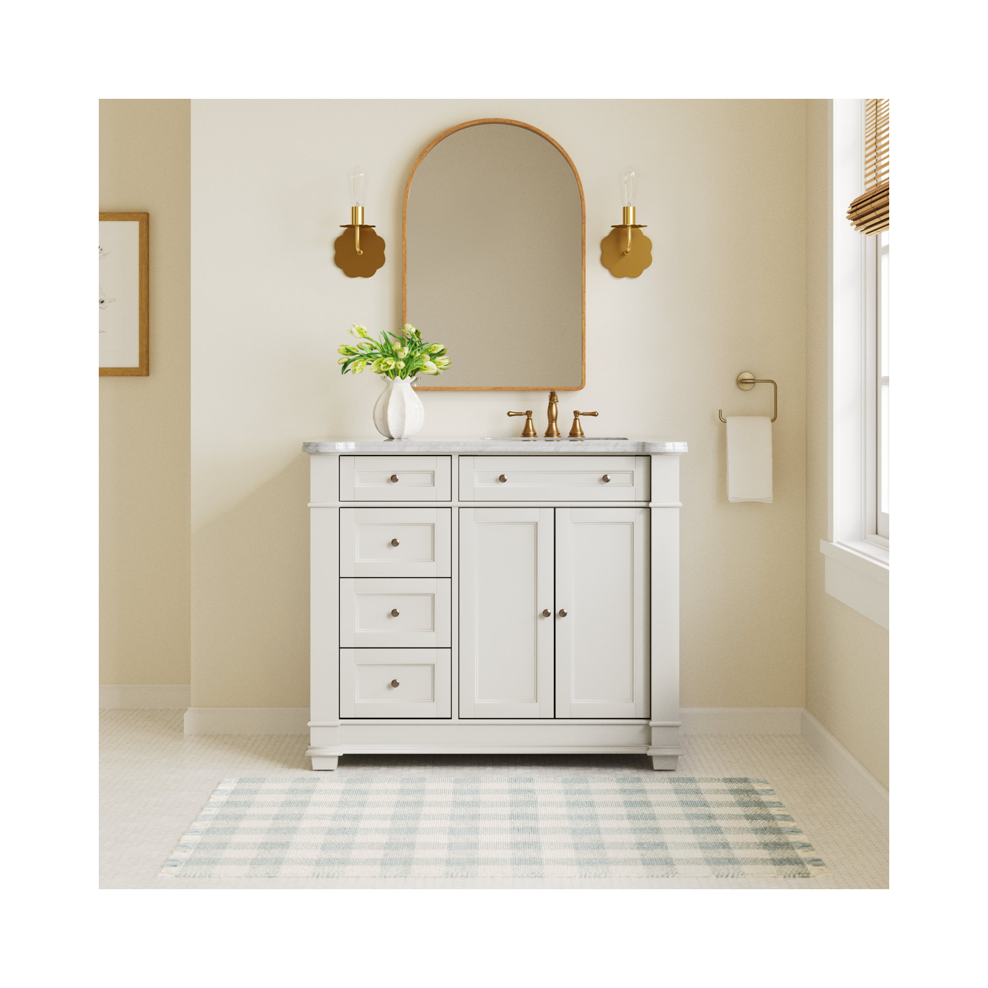 Rea 42'' Single Bathroom Vanity with Carrara Marble Top, Off-White