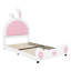 Lit plateforme simple tapissier avec une jolie tête de lit en forme de lapin - construction robuste blanc / rose et options pratiques rose