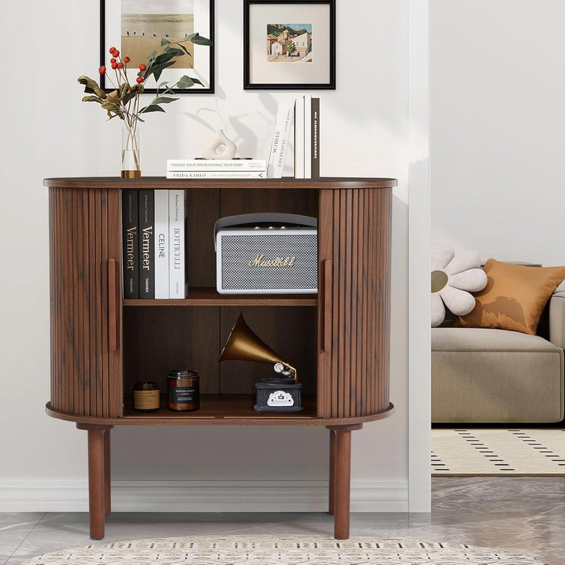 Walnut Fluted MDF Sideboard Buffet Cabinet with Slide Doors