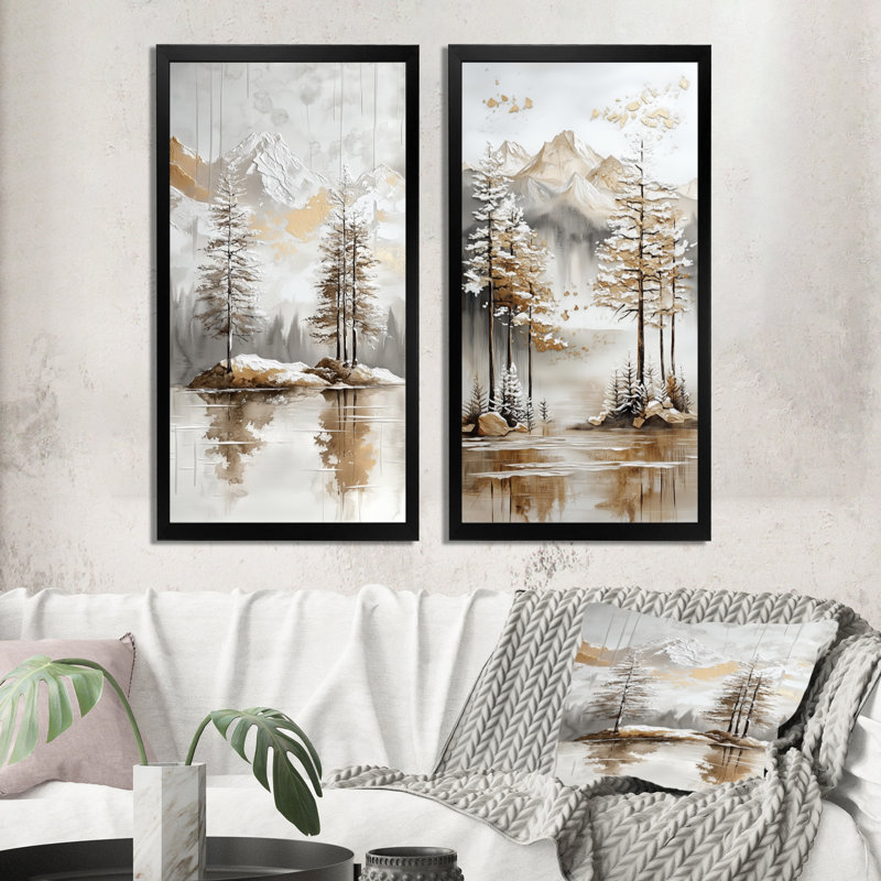 Reflets de glacier et pins - Montagnes du lac - Impression sur toile en 2 pièces, 40" H x 40" W, Black Picture Framed