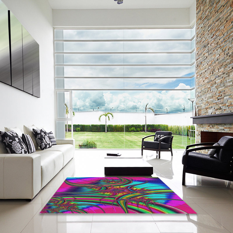 Tapis rose/bleu/vert à tissage électrique, Carré 5 pi