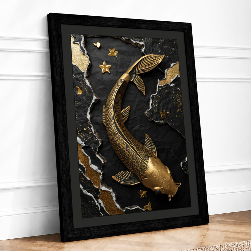 Golden Fish Among Stars Minimalist - Framed Print, A2 - 59.4 x 42.0 cm, Black