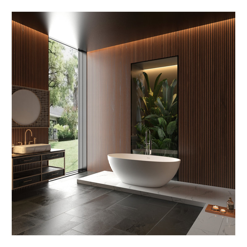 Freestanding Solid Surface Bathtub, Luxury Handcrafted Stone Resin Freestanding Soaking Bathtub with Overflow and Pop-up Drain, Matte White 24S06-65MW