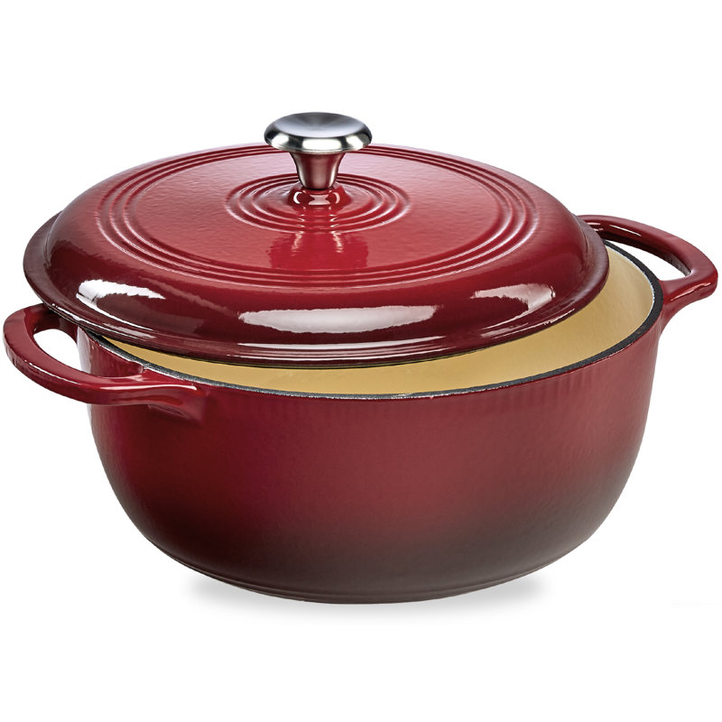 Enamel Cast-Iron Dutch Oven, Heavy-Duty Cookware w/ Dual Handles, Lid, Red, 7.5 qt
