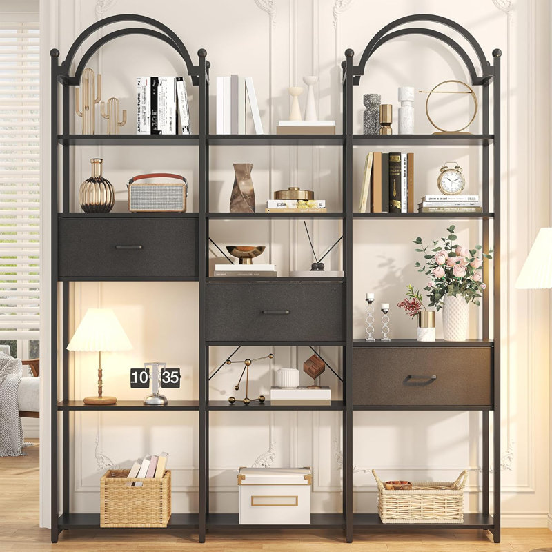 83.5" Tall Arched Bookshelf, Triple Wide 6-Tier Large Open Book Shelf with 3 Drawers Storage, Etagere Bookcase with Display Shelf, Industrial Bookshelf with Frame for Living Room, Black