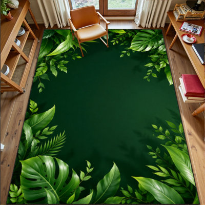 Tapis lavable 180 x 270 cm, motif feuilles vertes, poils courts, envers antidérapant en TPE, doux et confortable pour l'intérieur et l'extérieur, idéal pour le salon, la chambre, la salle à manger et le bureau à domicile.