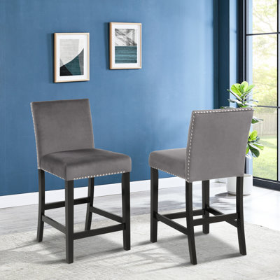 2 tabourets gris en velours - sièges rembourrés doux, garniture attrayante, pieds foncés, protection de plancher, l 18,5 po x P 22,36 po H 40 po, 26 tabourets contemporains de hauteur de siège, de 2