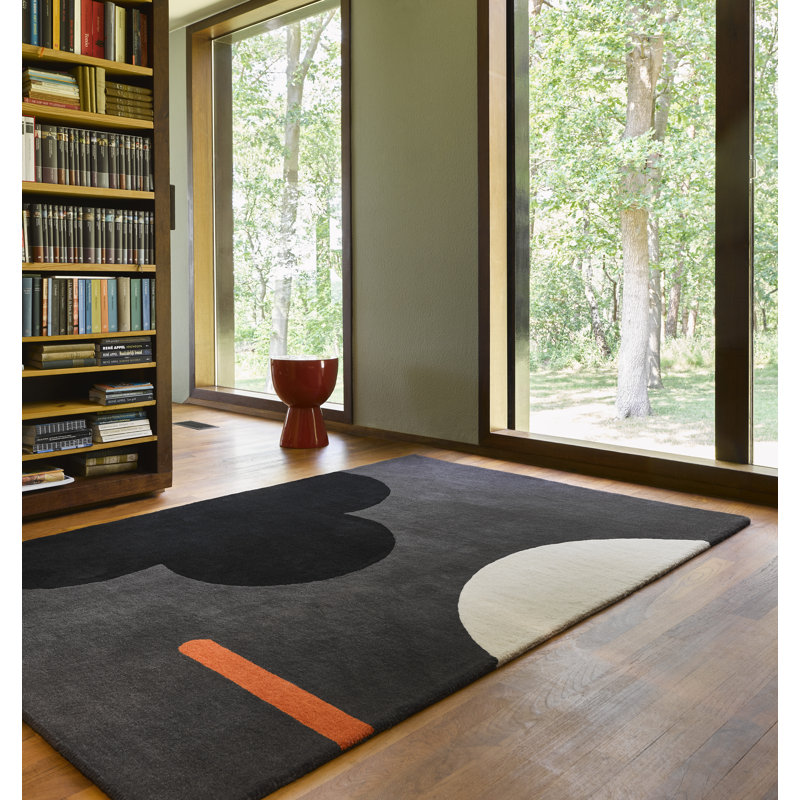 Wool Geometric Area Rug in Graphite/Black/Orange, Rectangle 5'3" x 7'6"