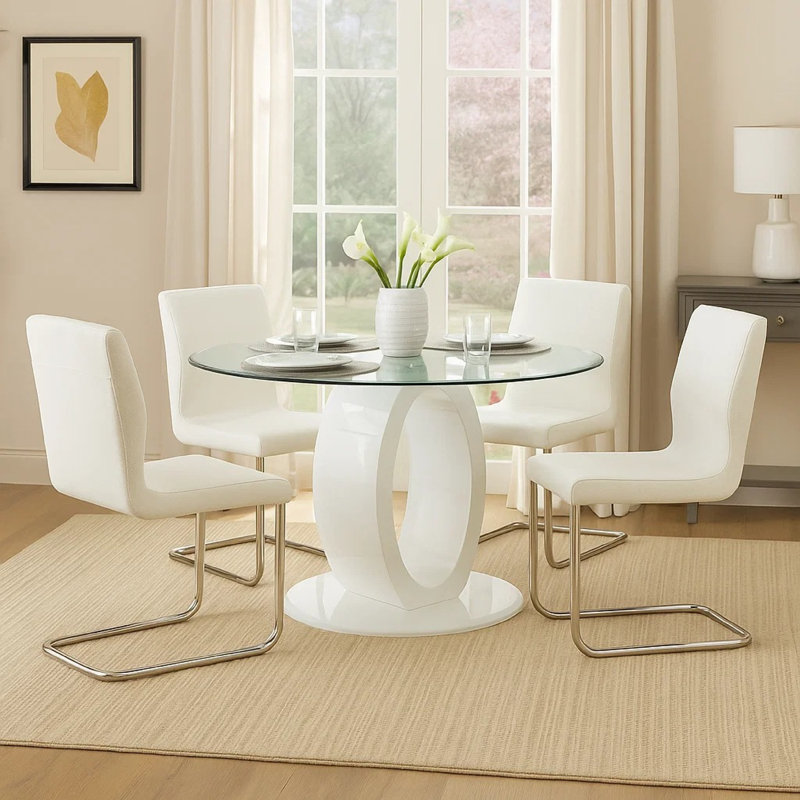 Ensemble de table de salle à manger 5 pièces Gregy, base ovale en piédestal, tissu blanc