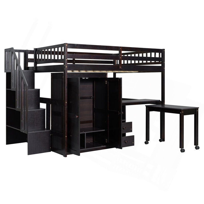 Lit mezzanine avec escalier, bibliothèque, tiroirs, bureau et garde-robe - Mobilier multifonctionnel peu encombrant pour enfants et adolescents