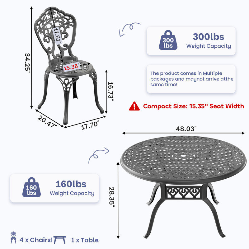Ensemble de salle à manger d'extérieur 5 pièces en aluminium moulé, comprenant une table ronde de 122 cm (48,03 po) avec trou pour parasol et 4 chaises avec une largeur d'assise de 39 cm (15,35 po).