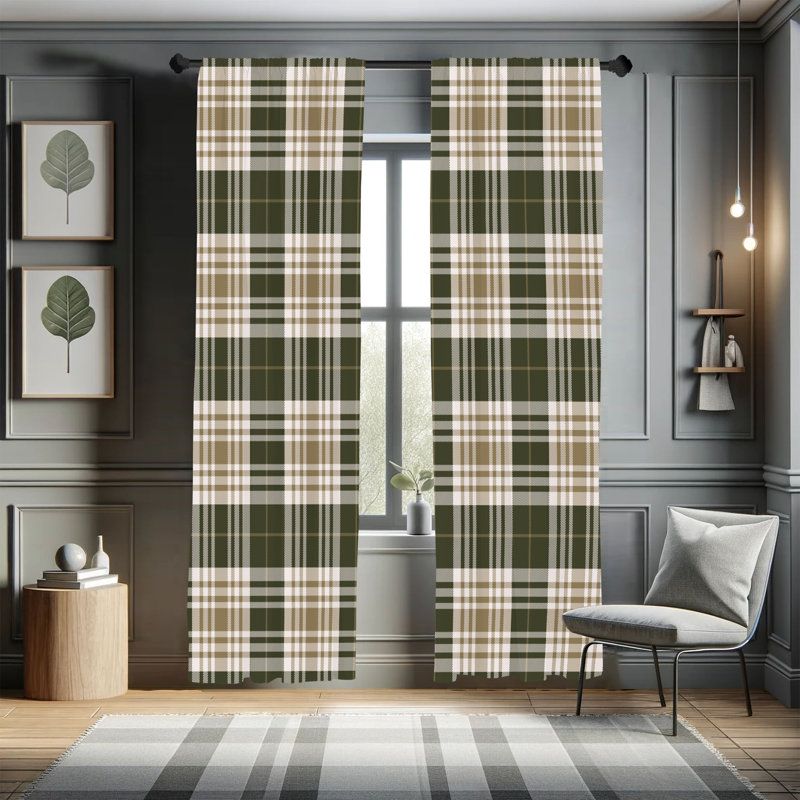  Checkered Curtains, Plaid Tartan English Tile, 56" W x 95" L, Army Green