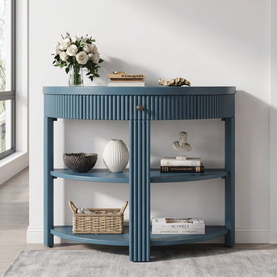 Console cannelée demi-lune avec tiroir et 2 tablettes ouvertes