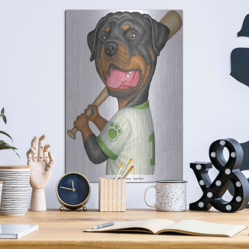 «Rottweiler tenant une chauve-souris» par Danny Gordon, H 16 po x l 12 po