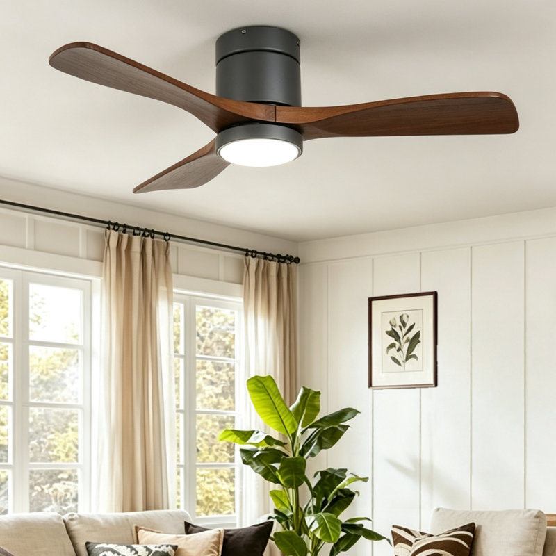 Ventilateur de plafond 42 po à 3 pales avec lumière et télécommande Ventilateur de plafond encastré moderne avec pales en bois massif avec minuteur réversible à 6 vitesses 3 couleurs