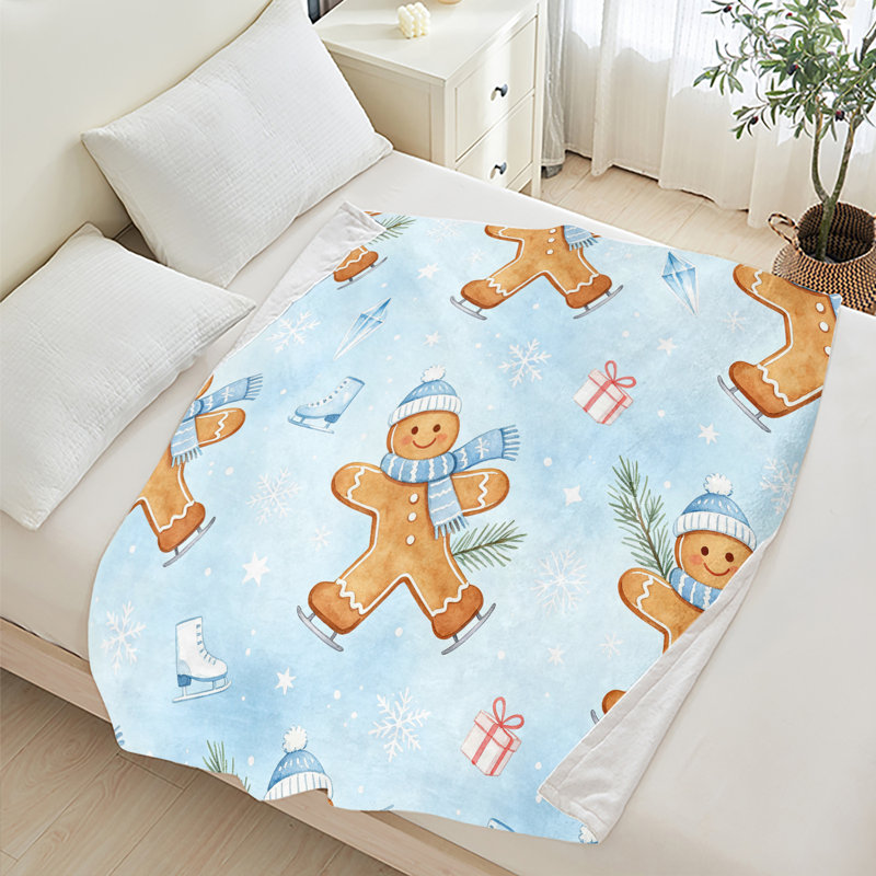 Plaid de Noël en flanelle polaire JYK, léger, respirant, doux et chaud en microfibre pelucheuse, 127 x 152 cm, motif bonshommes en pain d'épice patineurs