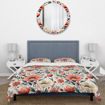 Ensemble de housse de couette rouge et beige à motif floral rétro III