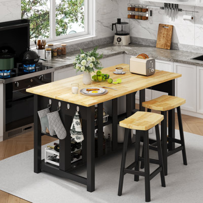 47.3" Solid Rubberwood Kitchen Island with Power Outlets - Extra Large Work Surface, 2 Drawers & Open Shelves Storage Cabinet for Kitchen Dining Room, Farmhouse Style