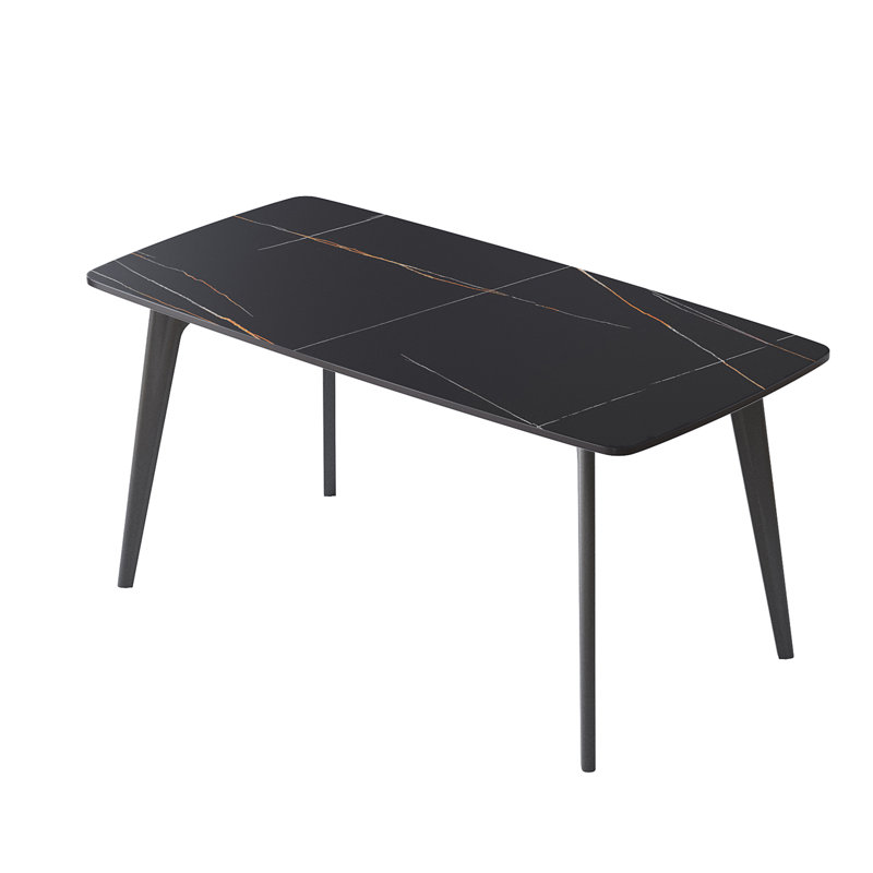Table de salle à manger 62,99 po en pierre artificielle moderne à bord arrondi et pieds en métal noir pouvant accueillir 6 personnes (table de salle à manger seulement)