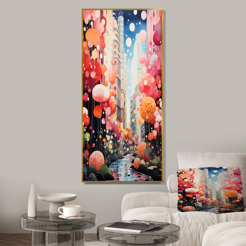 Bulle de gomme, paysage urbain Horizon I - art mural art déco urbain, Cadre photo noir, H 20 po x l 12 po
