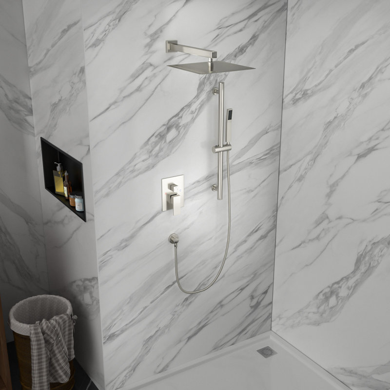 12 Inch Ceiling Mounted Shower System Rain Mixer Shower Combo Set Square Shower Head with Slide Bar, Brushed Nickel