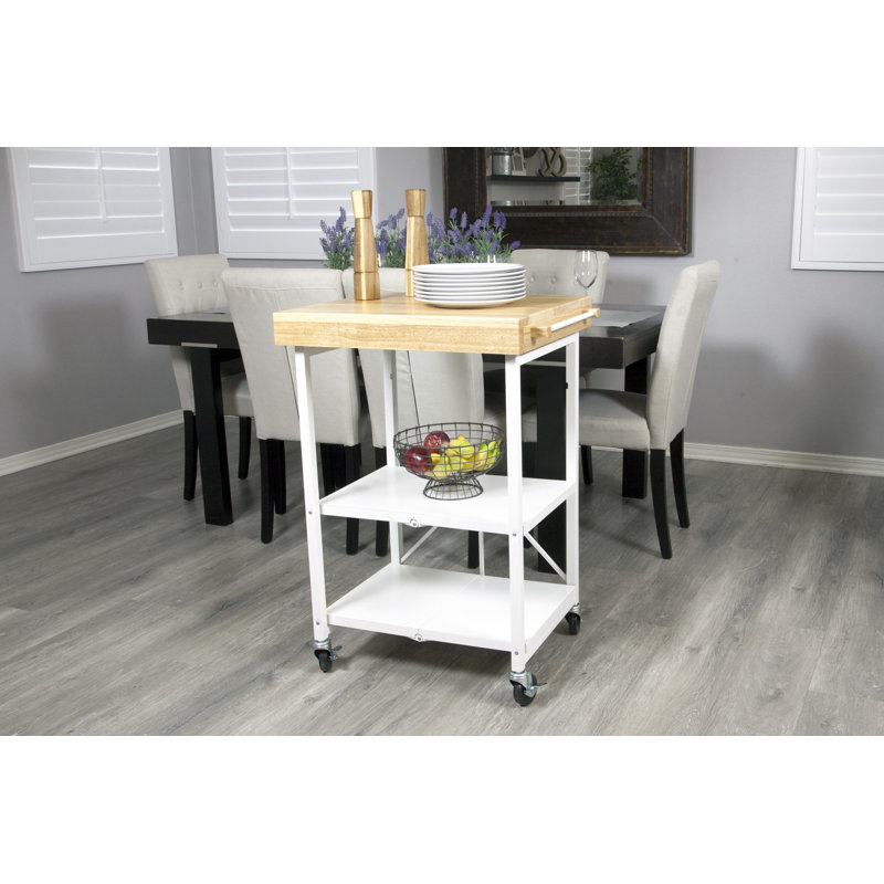 Origami Foldaway Rolling Kitchen Cart Solid Wood Top, White