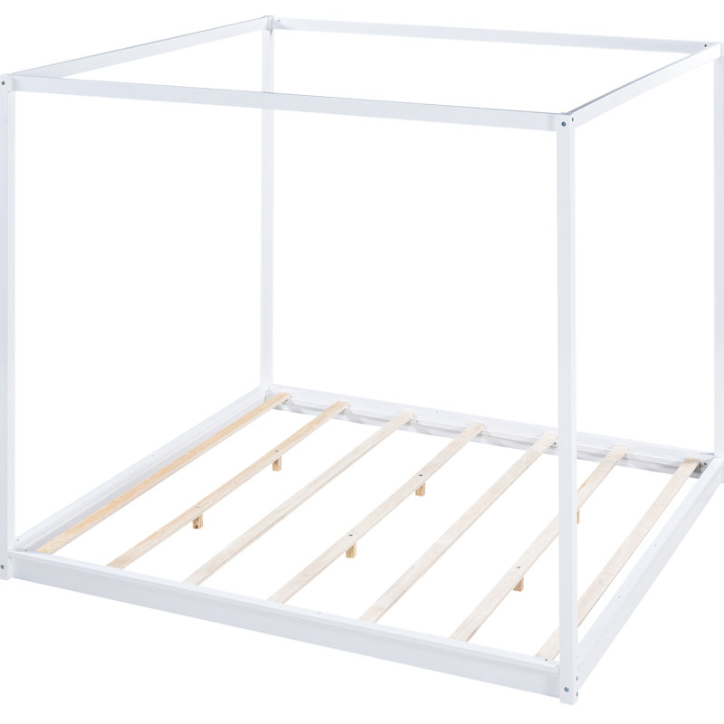Lit plateforme à baldaquin blanc très grand avec pieds de soutien aventureux - lattes audacieuses pour chambre à coucher, coin paisible