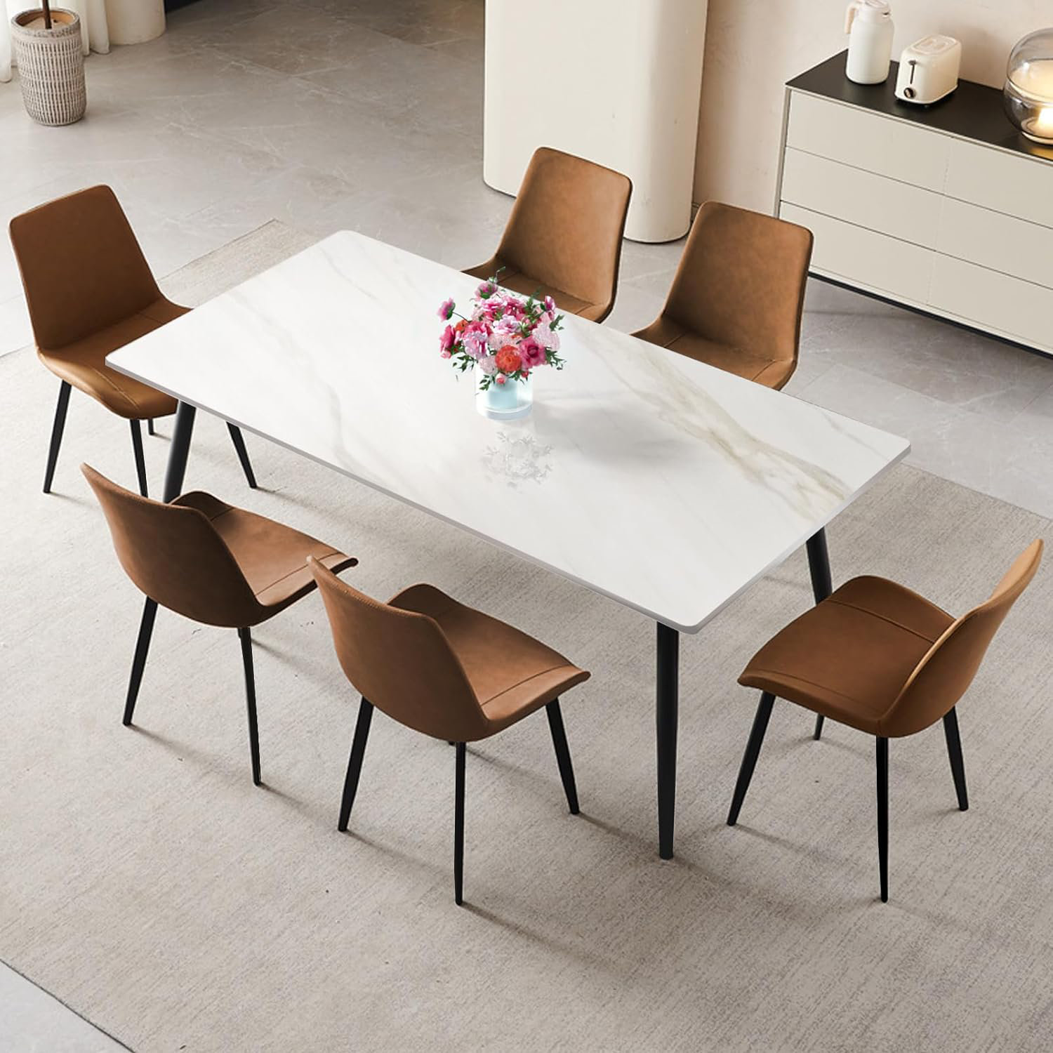 George Oliver 7 Piece Modern Marble Dining Room Table Set Kitchen Table With 6 Pu Leather Chairs 5324