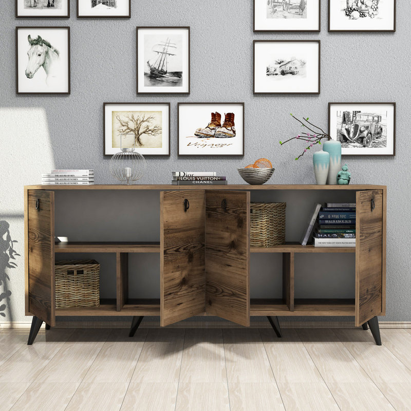 Console moderne, finition noyer, 70,9 po x 31,5 po x 17,7 po | 100% panneau de particules enduit de mélamine, épaisseur: 0,7 pouce | Pieds en plastique, fixation murale, tablettes multiples | Élégant et fonctionnel pour une décoration rustique