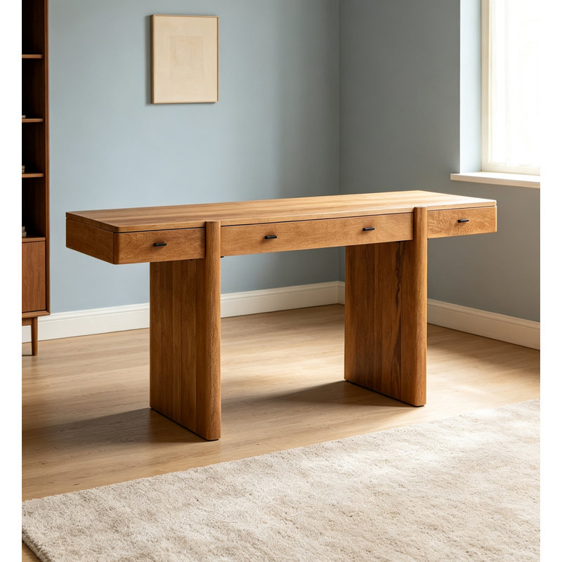 Bureau d'écriture en bois massif de style Mid-Century avec 3 tiroirs, H 29,13 po x l 47,24 po x P 21,65 po